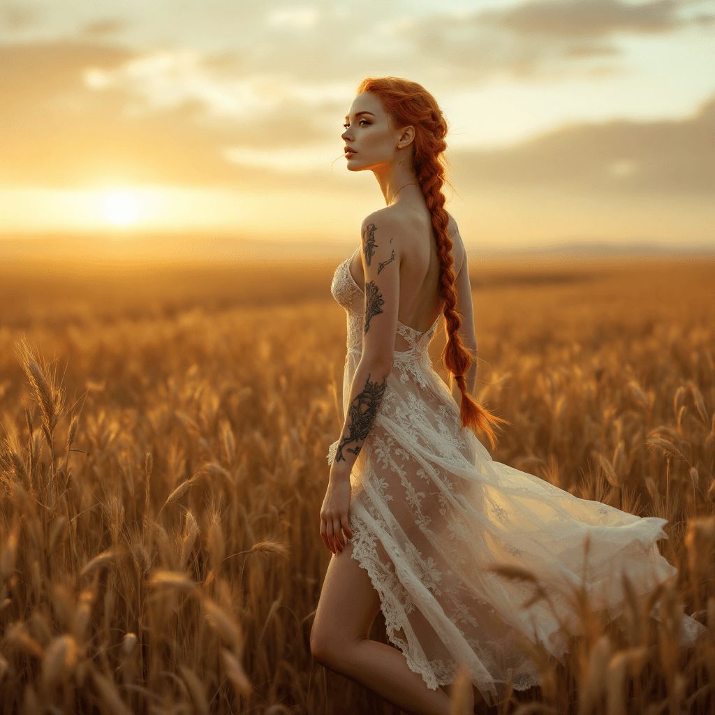 AI generated: A hyper-realistic full-body cinematic photo of a fit, very pale woman with neon red hair styled in a...