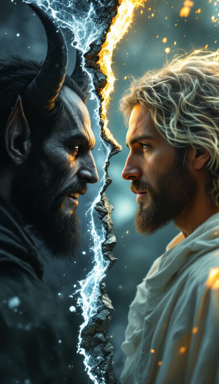 AI generated: A cinematic masterpiece rendered in 8k octane, showcasing a timeless conflict: a divine Jesus to the...