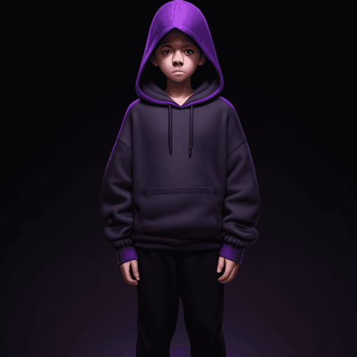AI generated: small adolescent with a purple hooded sweater, black pants, , small adolescent with a purple hooded ...