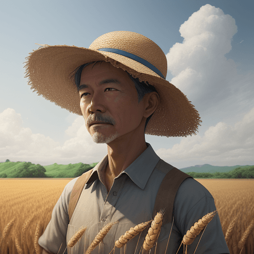 AI generated: Wheat field, a farmer uncle with a straw hat standing in a wheat field, big clouds, blue sky, ricefi...