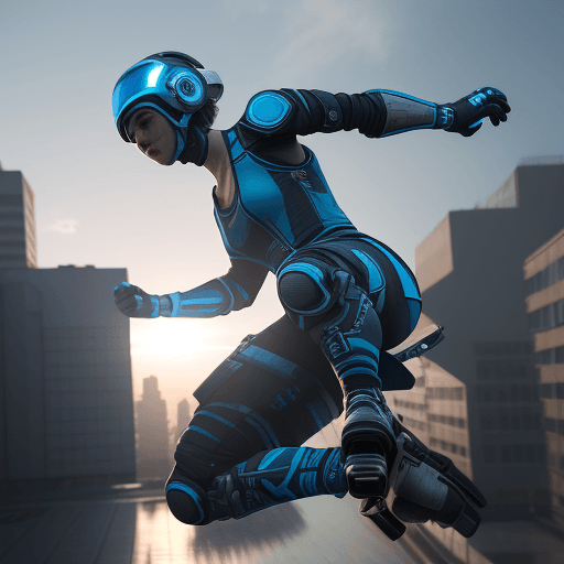 AI generated: Photo of a ultra realistic jumping Rollerblader with blue sci fi equipment , dramatic light, pale su...