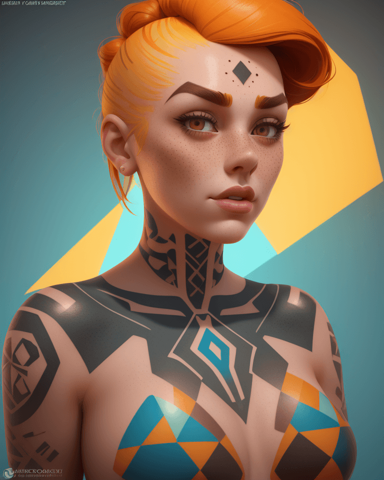 AI generated: portrait of a female, freckles, thick eyebrows, with geometric honycomb tattoo on neck and chest, Br...