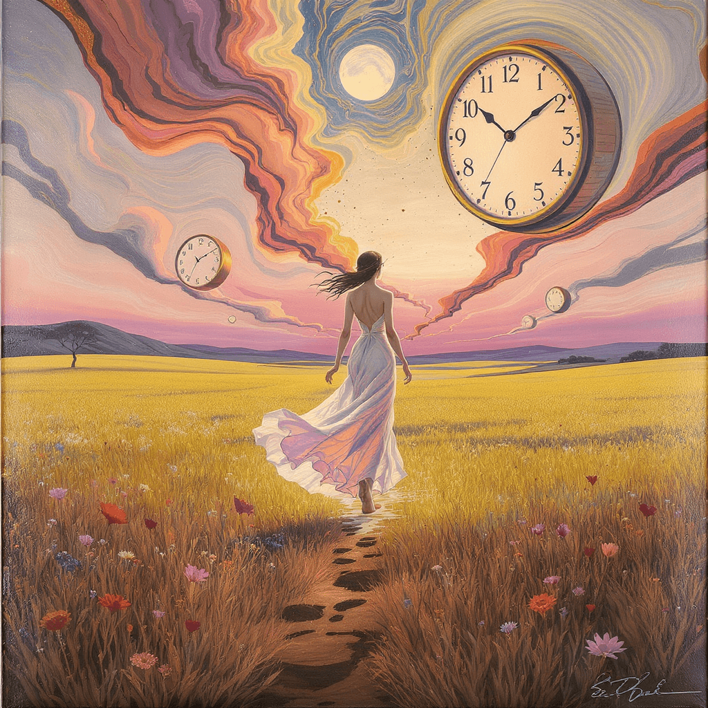 AI generated:  
Under the gaze of Salvador Dalí: a woman walks in a golden field at dusk, her footprints disappea...