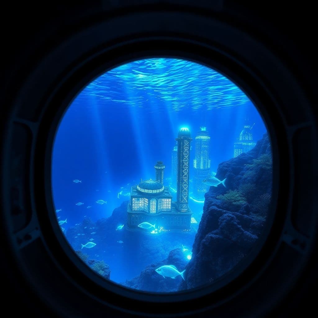 AI generated: Create a photo-realistic image of an underwater city 1,000 feet below the ocean surface. The perspec...