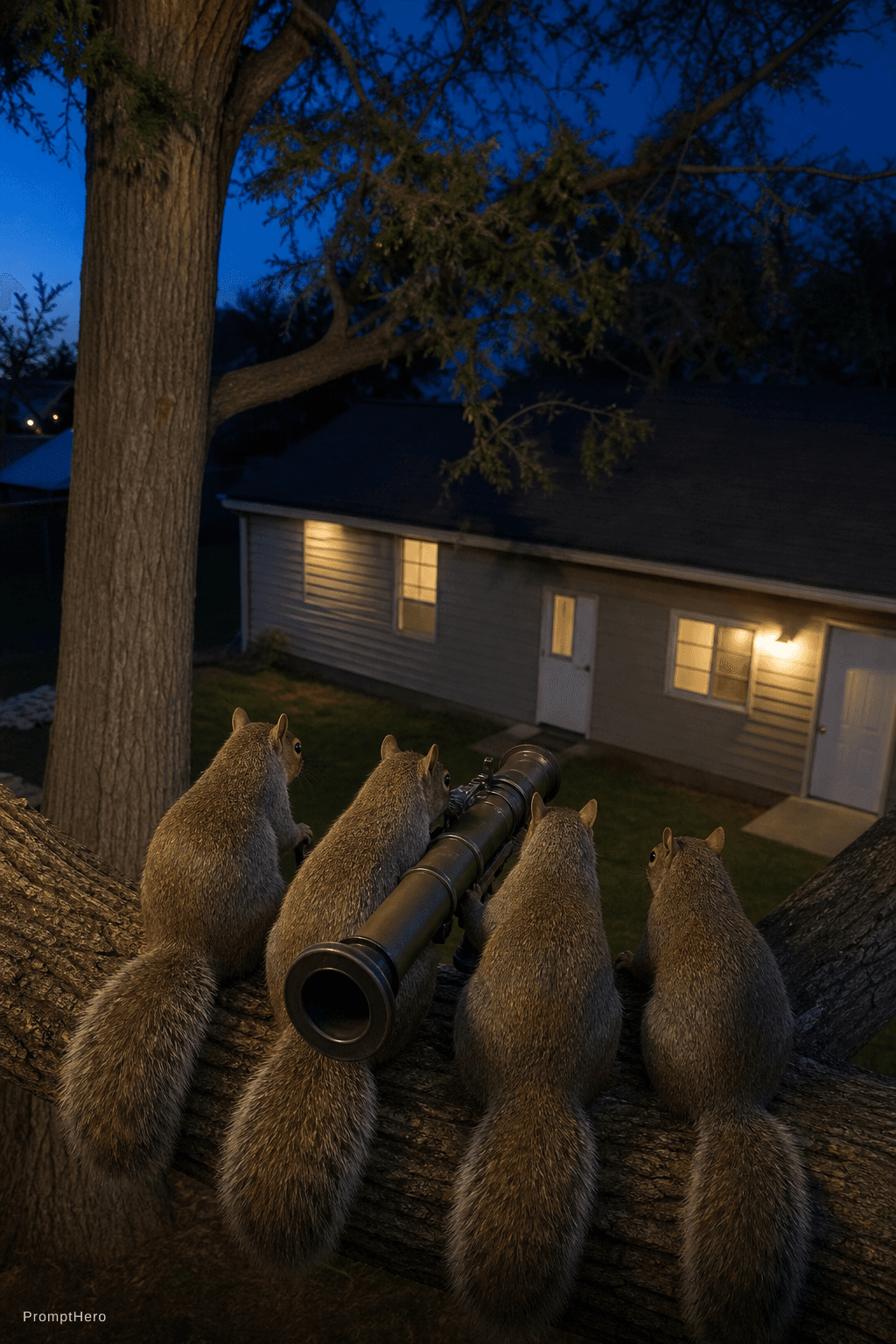 AI generated: genera a 4 ardillas realistas encima del árbol apuntando a la casa con un bazooka (es El primer foto...