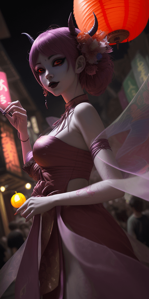 AI generated: An ethereal demon  amidst a festival night, paper lanterns illuminating the lively streets, a vibran...
