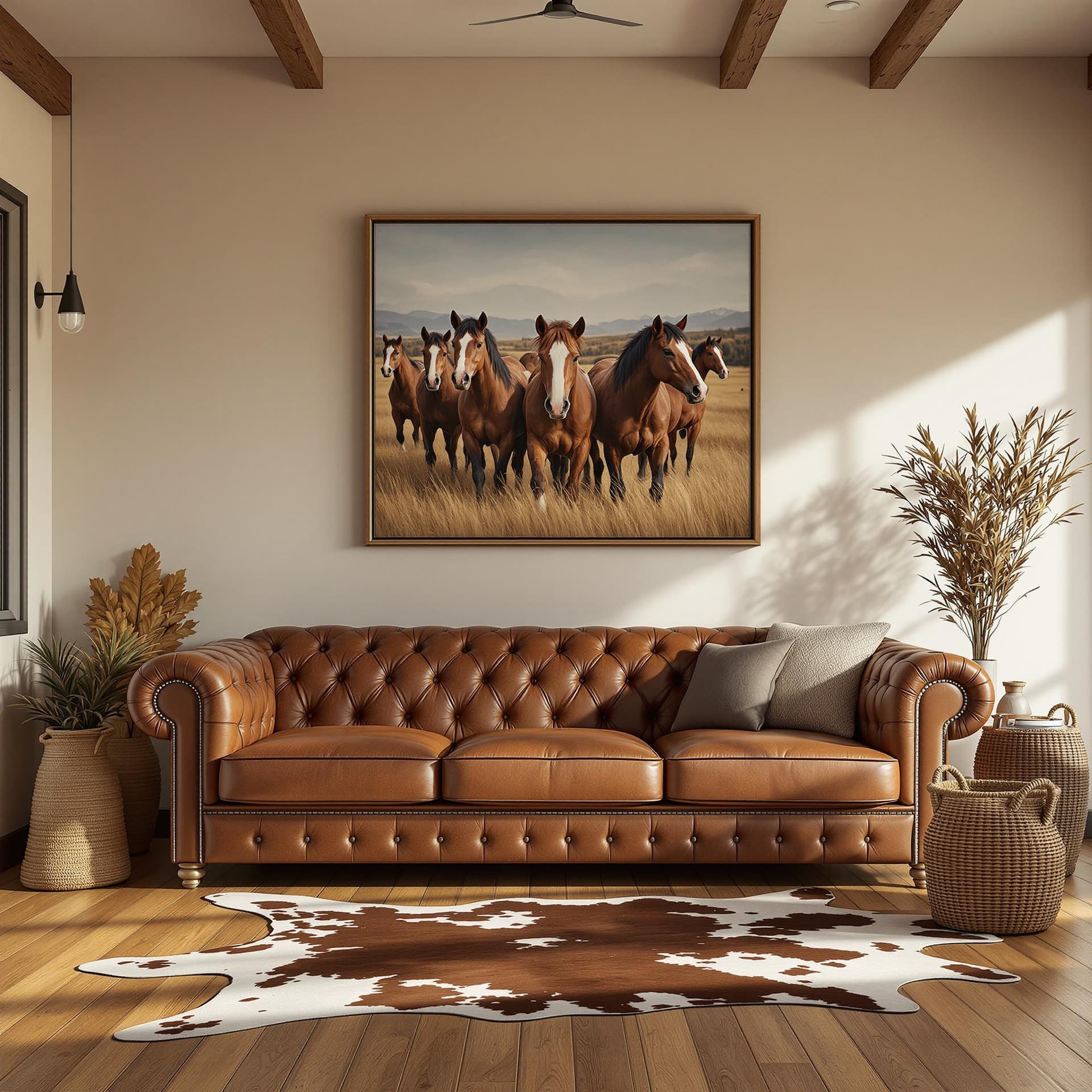 AI generated: photograph, comfy western ranch living room, morning, wood floor, cowhide rug, horses portrait, incl...