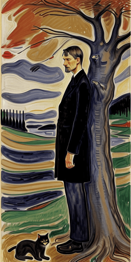 AI generated: Full height side view Portrait of man Edvard Munch standing near a tree and looking at the cat sitti...