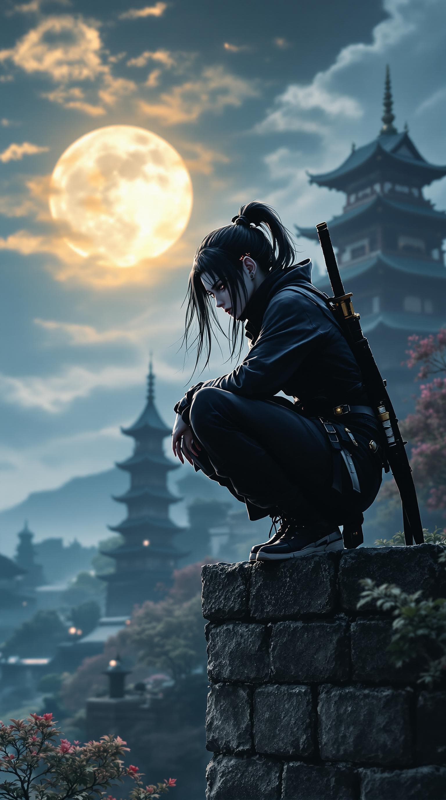 AI generated: a close up digital camera deep focus picture featuring female ninja character squatting high on a ja...