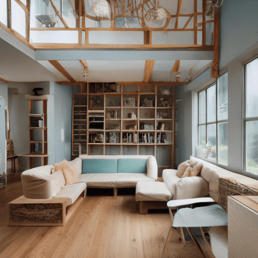 AI generated: High resolution photography interior design, dreamy sunken living room conversation pit, wooden floo...