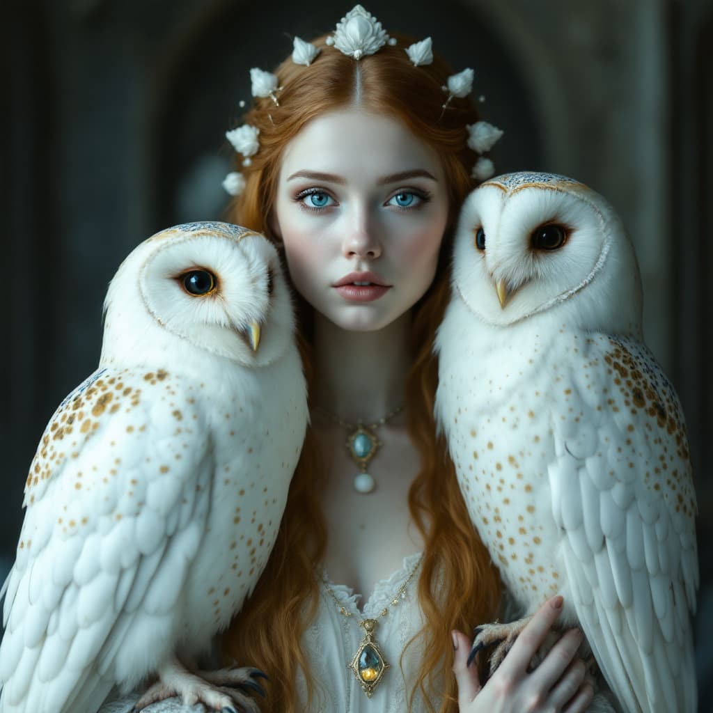 AI generated: images of woman with her owls, in the style of ethereal beauty, porcelain, dark white and light azur...