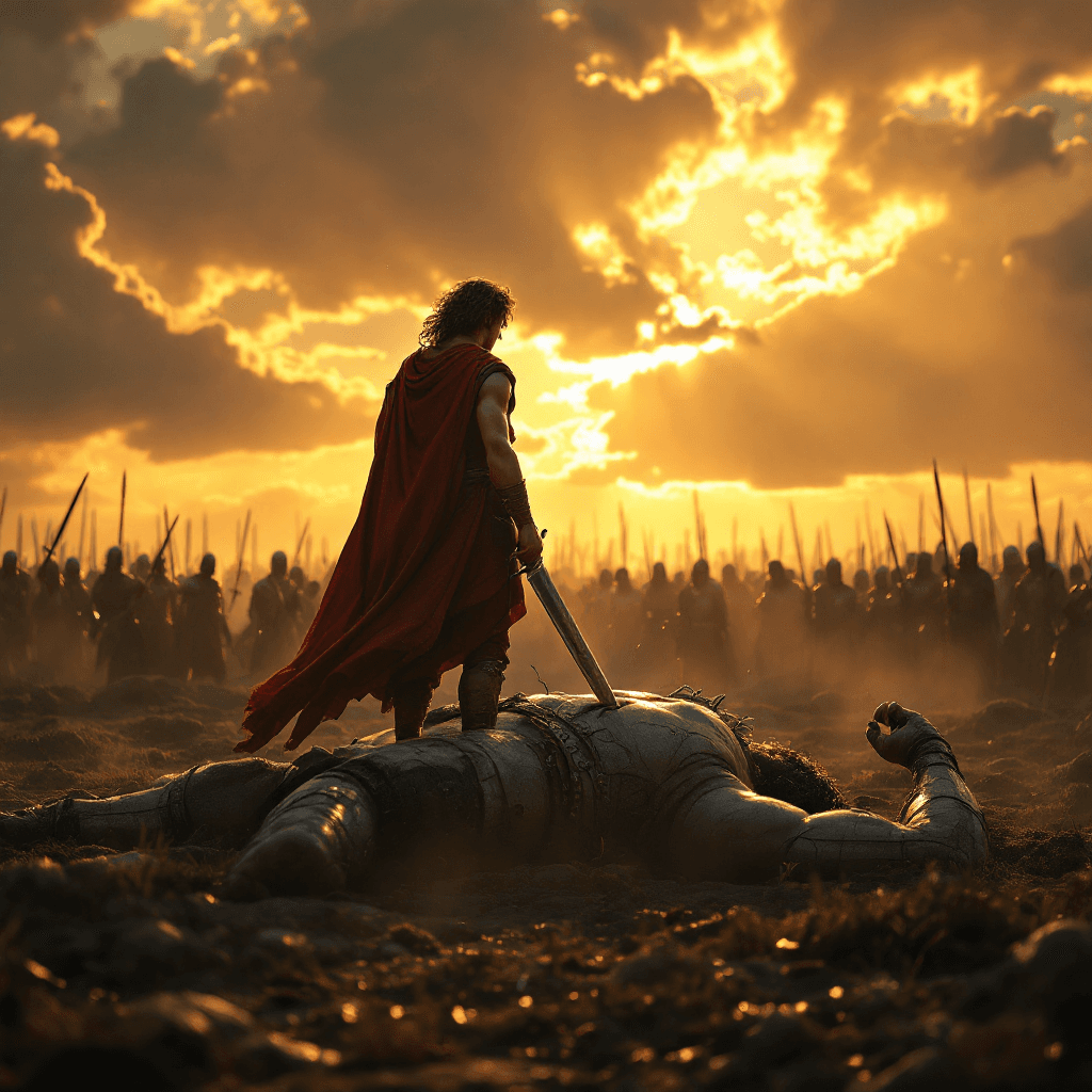 AI generated: Young David standing confidently over the fallen giant Goliath, with a heavy sword in his hand; a dr...