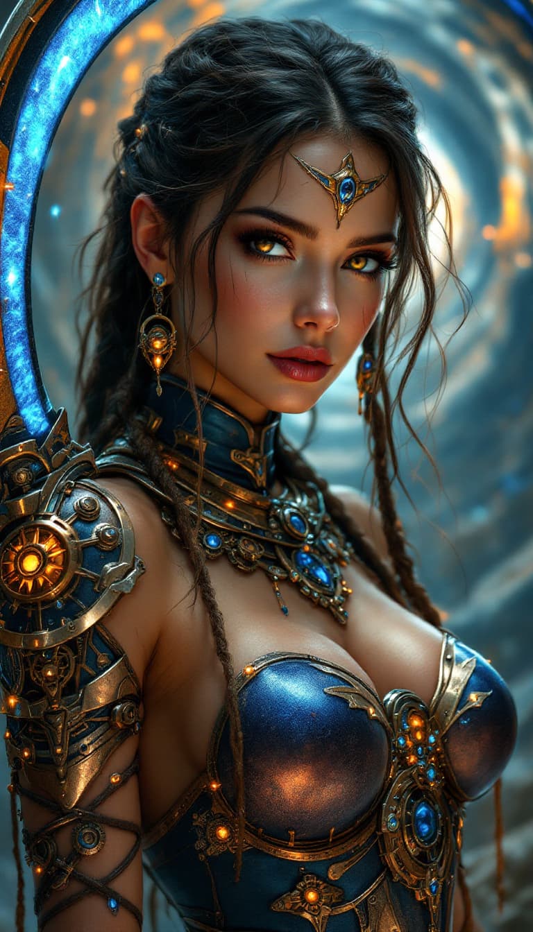 AI generated: An ultra-realistic, full-body portrait of a time-traveling warrior woman, projecting a mix of ancien...