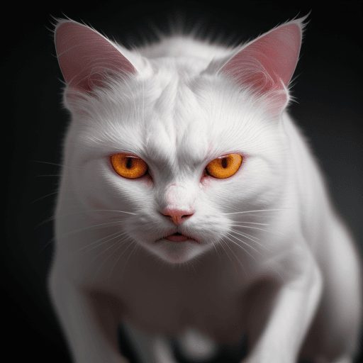 AI generated: angry white cat, scary, creepy, looking at viewer, angry, bloody, photography, detailed skin, realis...