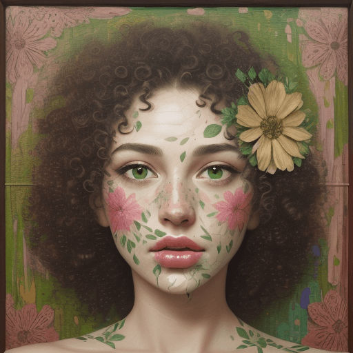 AI generated: detail of beautiful of woman face, flower printed skin, flower patterns on face, green stem patterns...