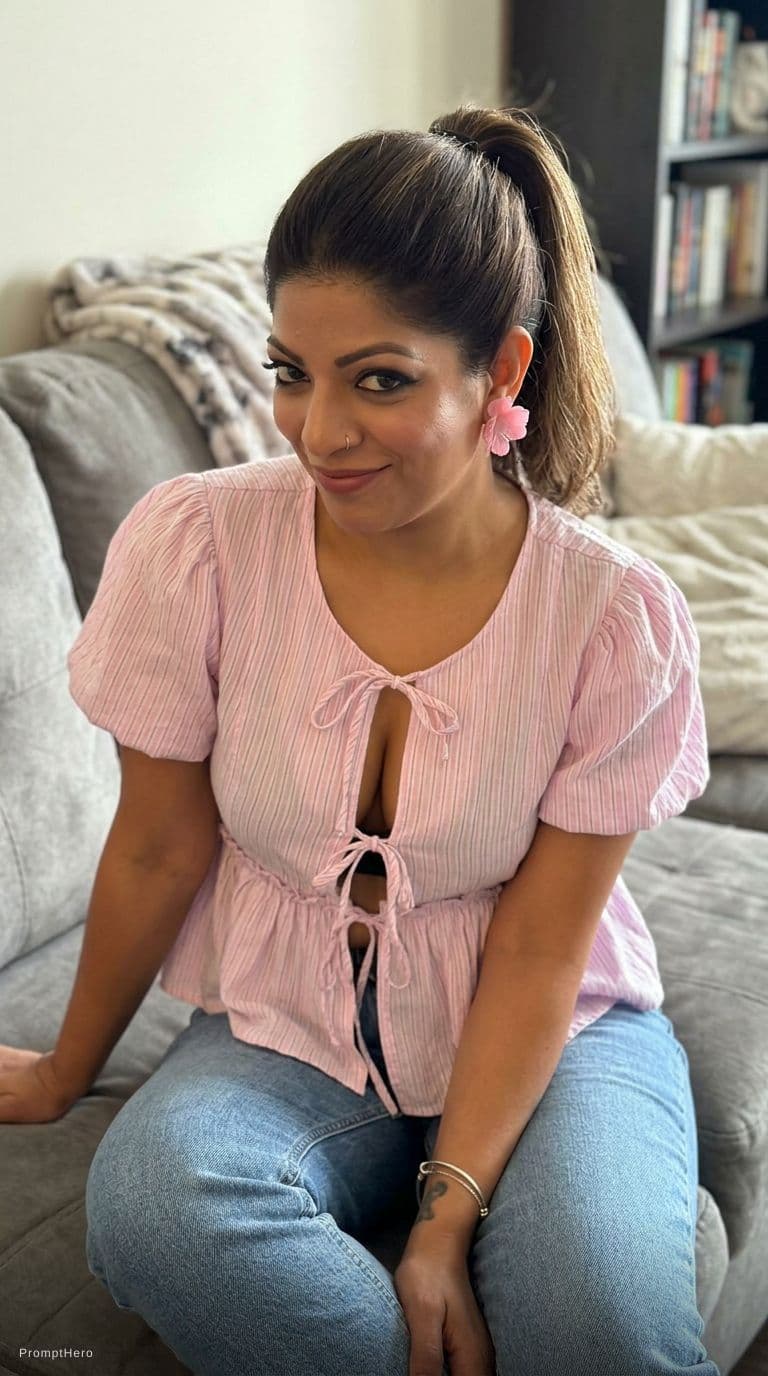 AI generated: Sitting on a couch, teasing cute, looking at camera, ponytail hairstyle,  cleavage , front view