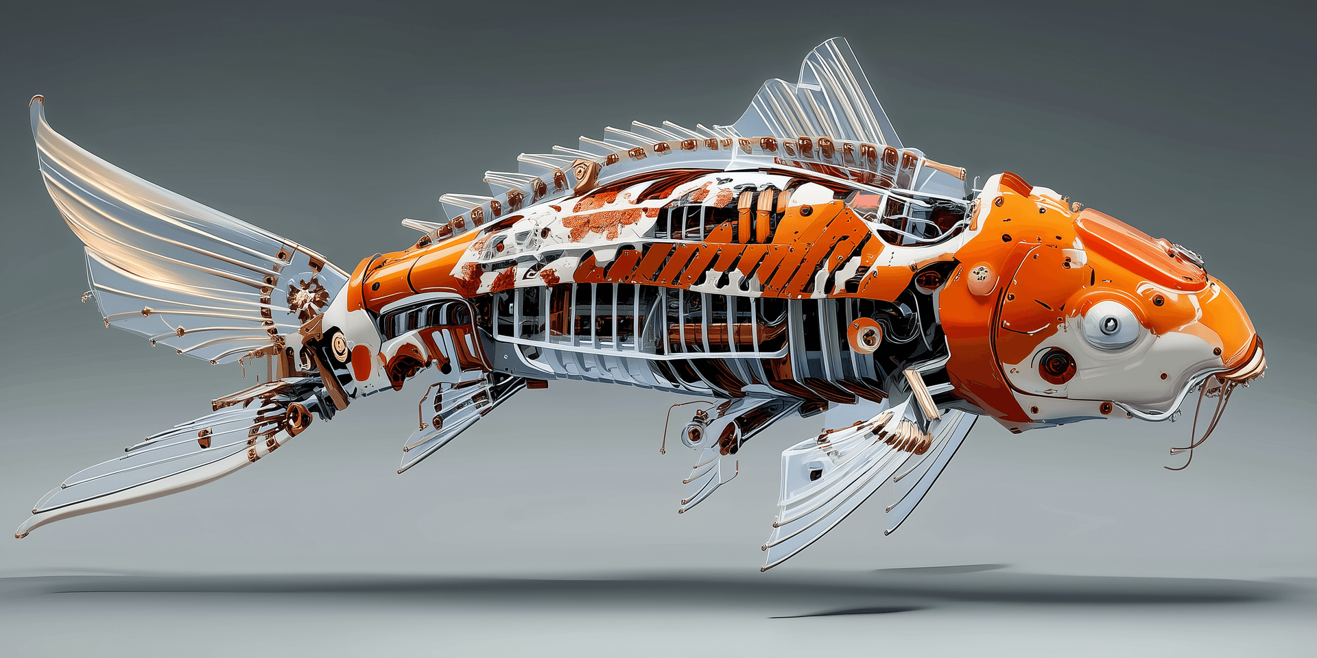Midjourney prompt: A mechanical koi fish