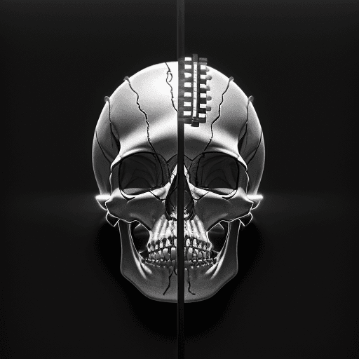 AI generated: pencil drawing, human skull circuit board, CPU implanted, front lighting, detailed shadows, left top...