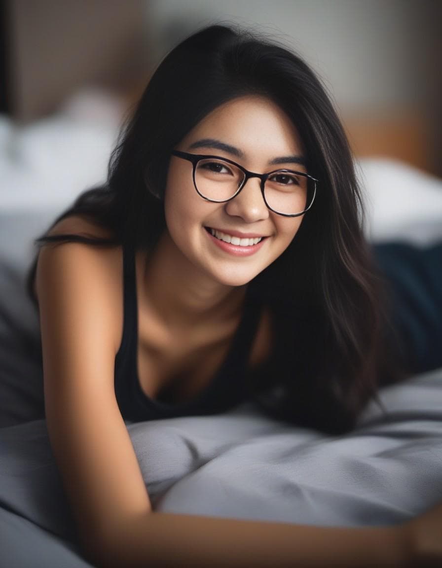 AI generated: iphone photo young college woman, long tousled brunette hair, no makeup, beautiful smile, lying on h...