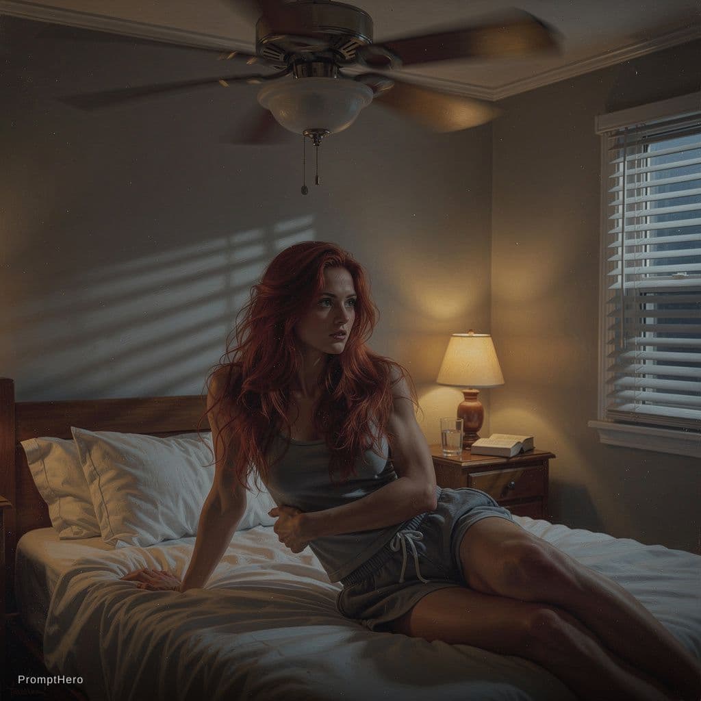 AI generated: A woman with long, tousled red hair cascading in loose waves over her shoulders lies sprawled across...