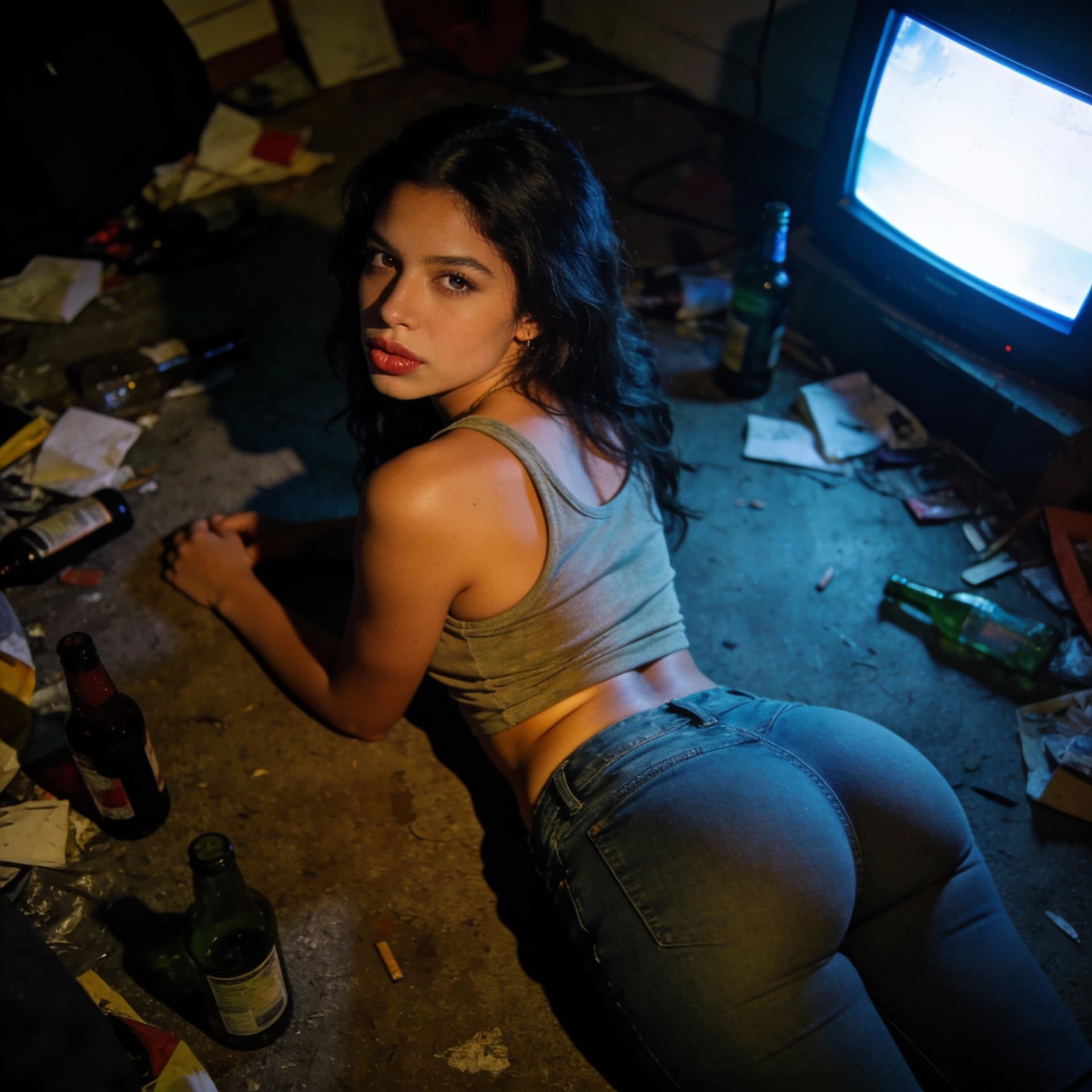 AI generated: beautiful latina 25 year old, cute face, full pouty lips, dimly lit room, trashy room, prone, tiny w...
