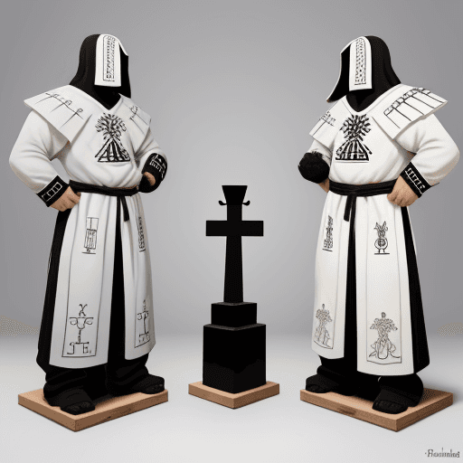 AI generated: cosplay de piezas de ajedrez, runas, escrituras griegas antiguas, suelo de ajedrez, pelea de blancas...