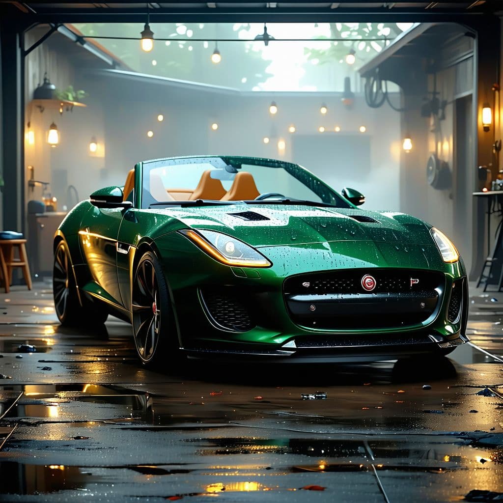 AI generated: General outline of a latest model dark British racing green convertible jaguar 
ftype with tan seats...