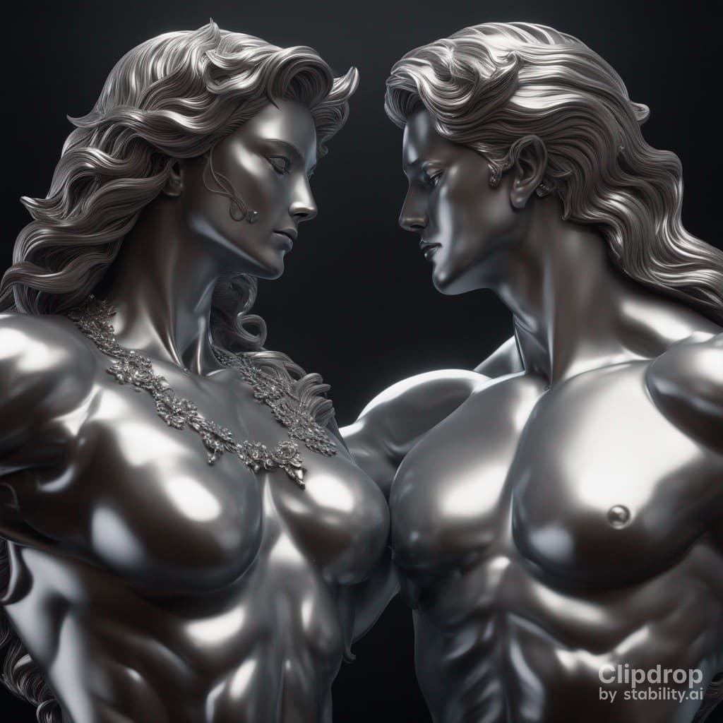 AI generated: a marble sculpture featuring a man and a woman with impressive physiques, striking athletic poses to...