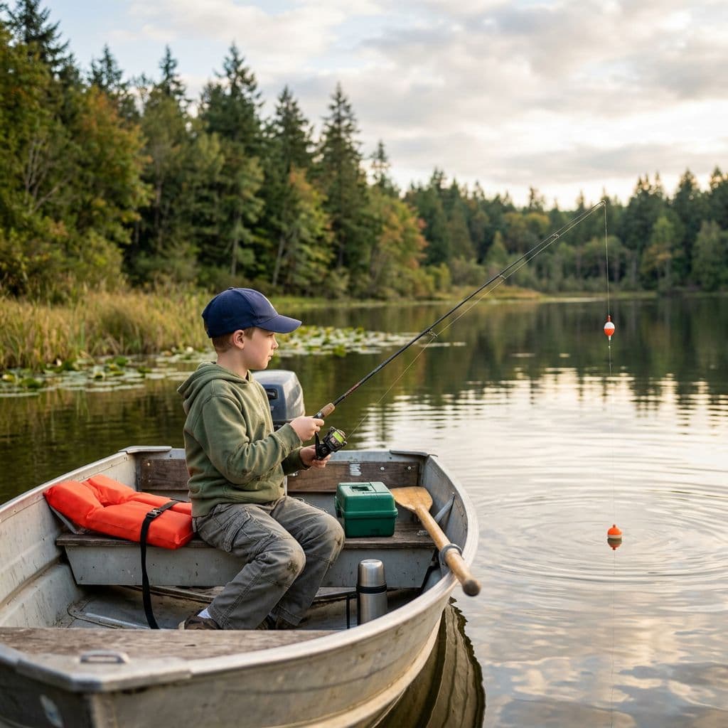 AI generated: a boy sitting in small boat fishing