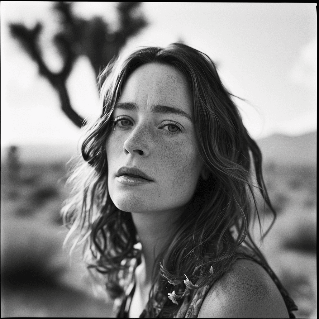 AI generated: candid shot, Portrait of (Emily Blunt ) , style of Anton Corbijn, Wetplate Photography, extreme Film...