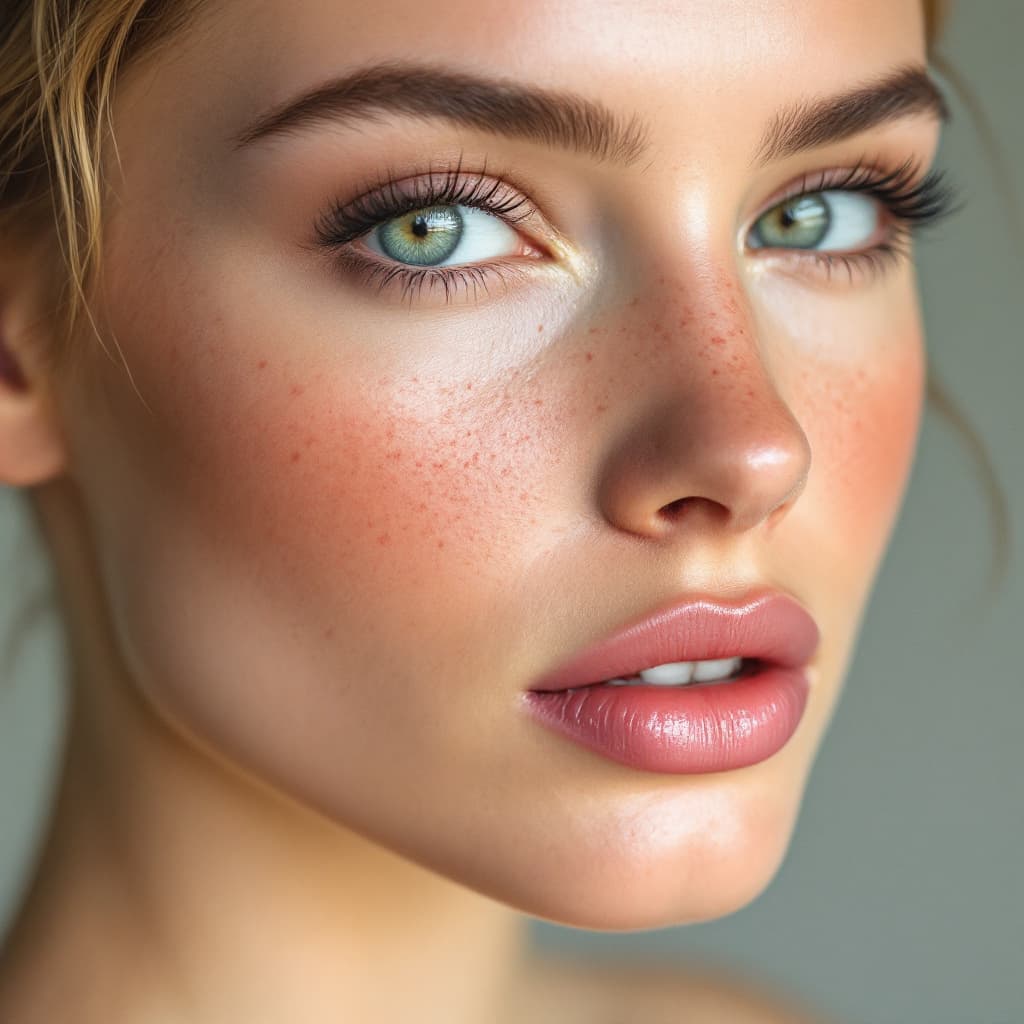 AI generated: A close-up shot of a woman's face, focusing on her left eye, cheek, and lips. She has smooth skin wi...