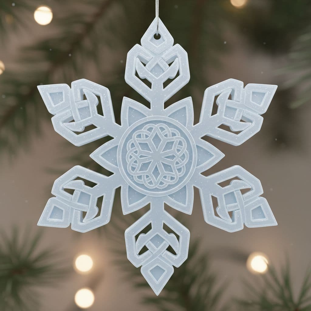 AI generated: Ultra-detailed 3D snowflake ornament with Celtic knot beveled edges, smooth frosted surface.