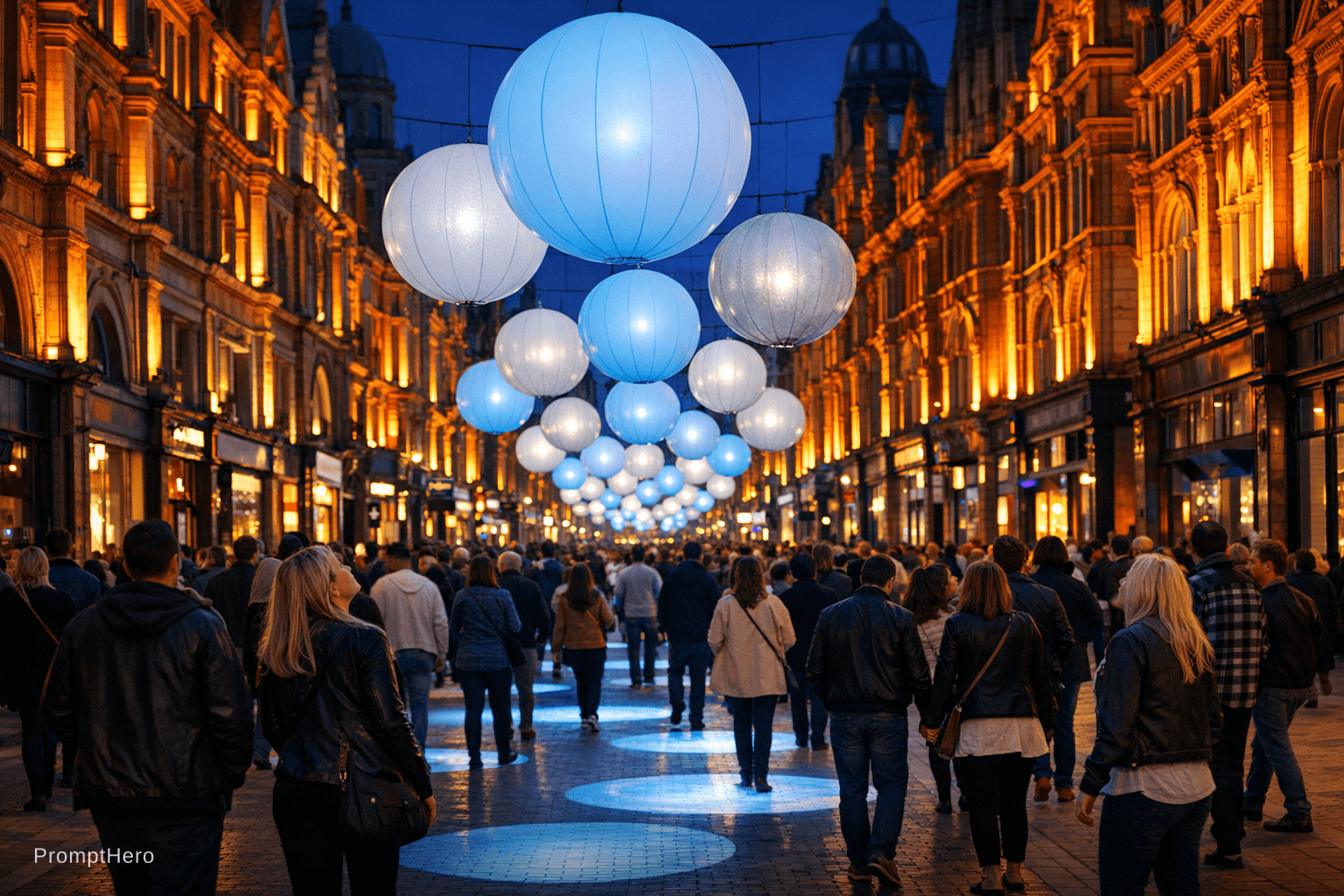 AI generated: A straight-on mid-distance street photograph looking along the full length of Briggate pedestrian hi...