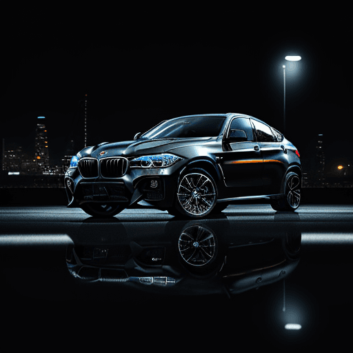 AI generated: a picture of a bmw X6, modern car, black color, perfectly centered, dark night, neon lights in the b...