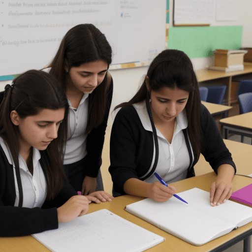 AI generated: estudiantes enseñando a profesores, aula, pizarron virtual, tablet, olograma de alumno