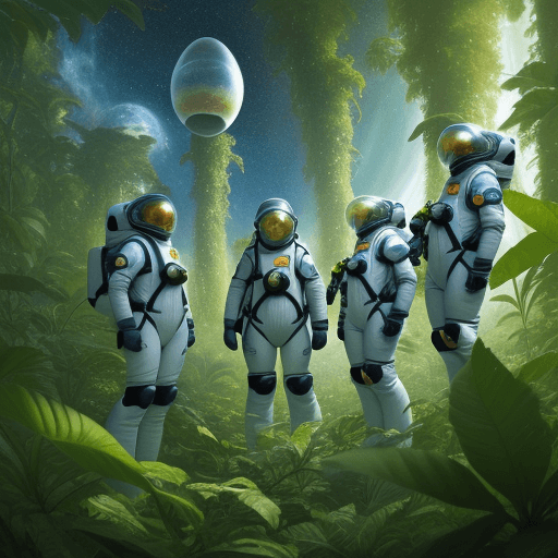 AI generated: Hyperrealistic flora & fauna of a sky forest with human explorers wearing protective space equipment...