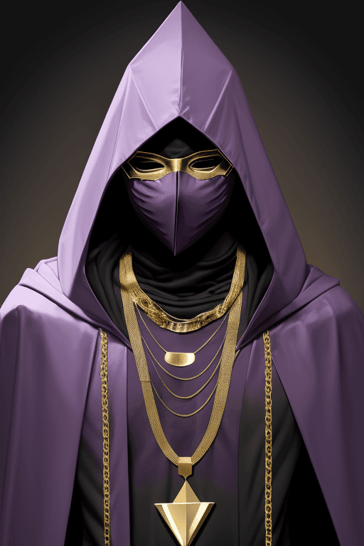 AI generated: Man in purple cloak hood, triangle mask, gold chains and jewellery. Invisible face