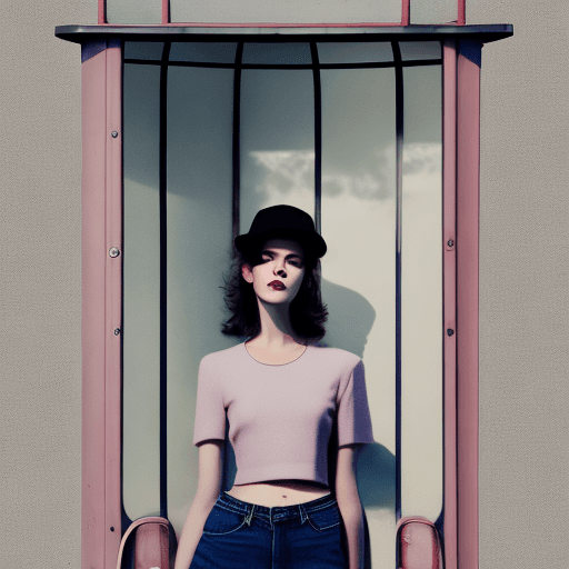 AI generated: a woman wearing a cropped top and jeans standing in front of the bus stop, in the style of Oleg Opri...