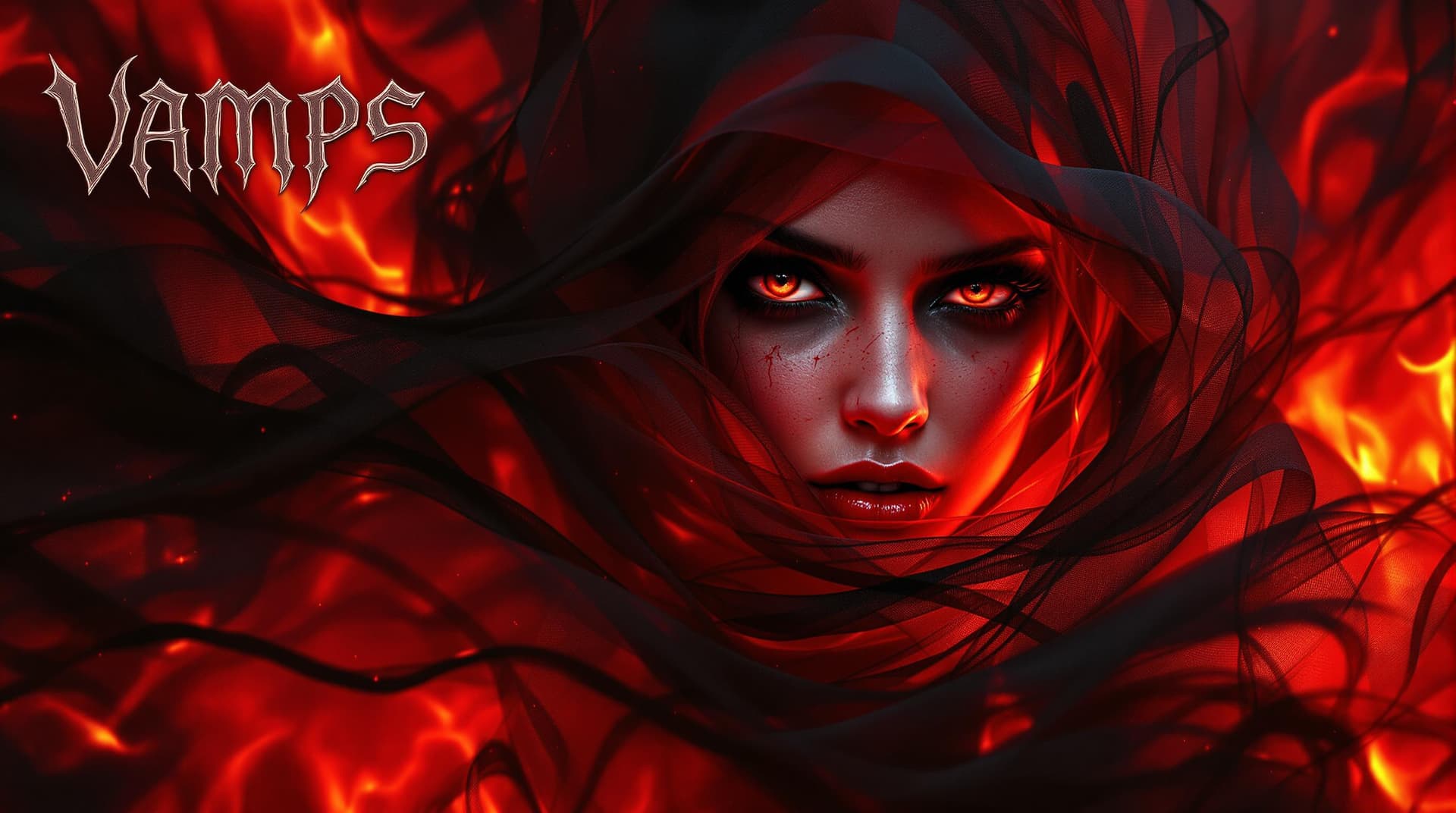 AI generated: VAMPS  horror magazine cover features a mesmerizing close up of  woman wrapped in a   red and black ...