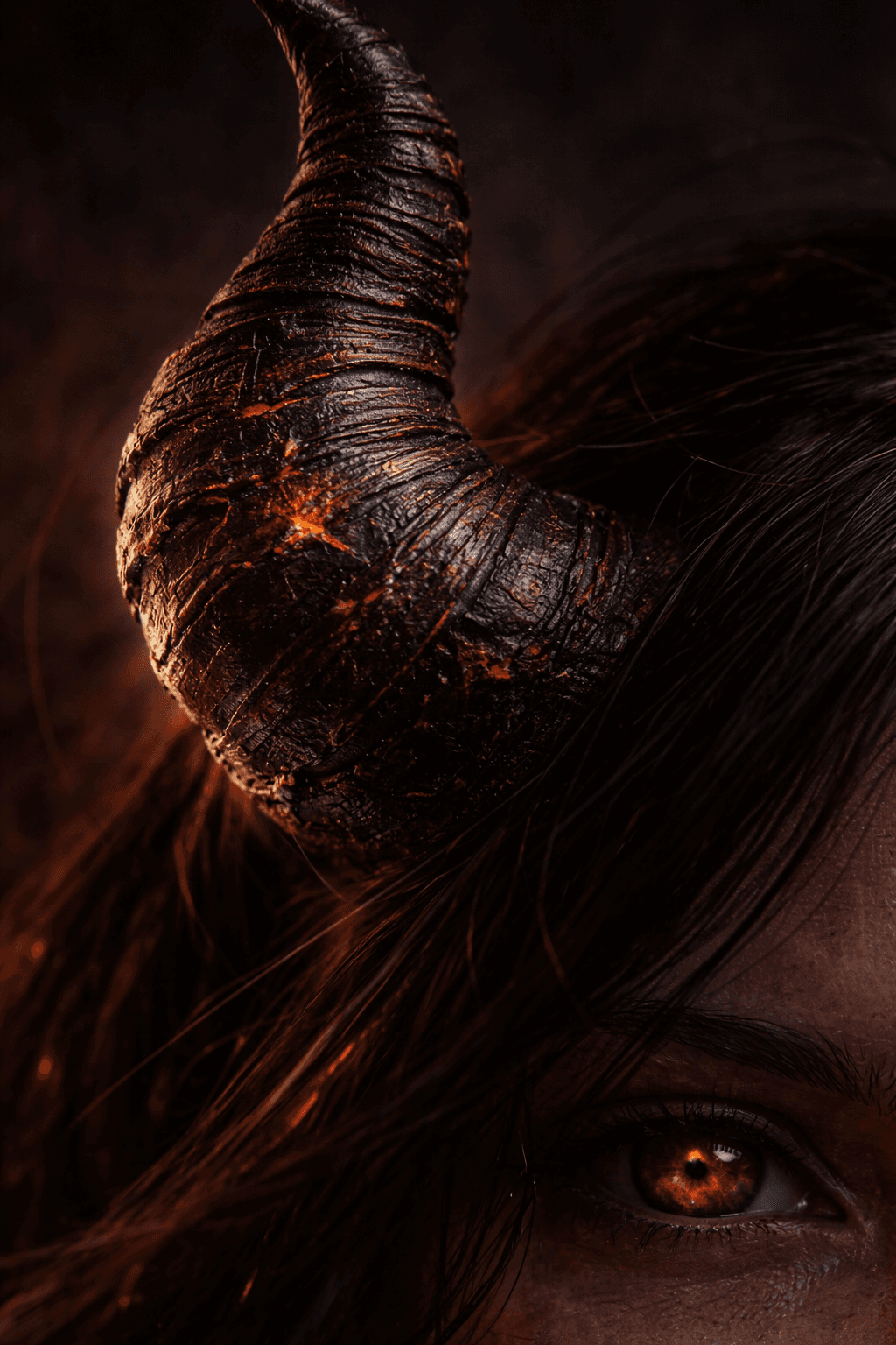 AI generated: An ultra-hyperreal macro detail photograph of the horns of a female Lucifer, the fallen angel queen....