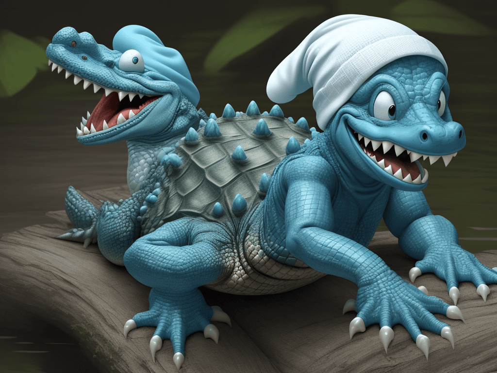 AI generated: An old alligator with long teeth camouflaged like a smurf with a white tuque on his head.