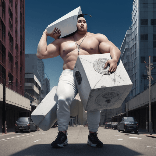 AI generated: Create a cover art for a rap song named "Flow Pesao", depicting a Latin white thin guy facing a big ...