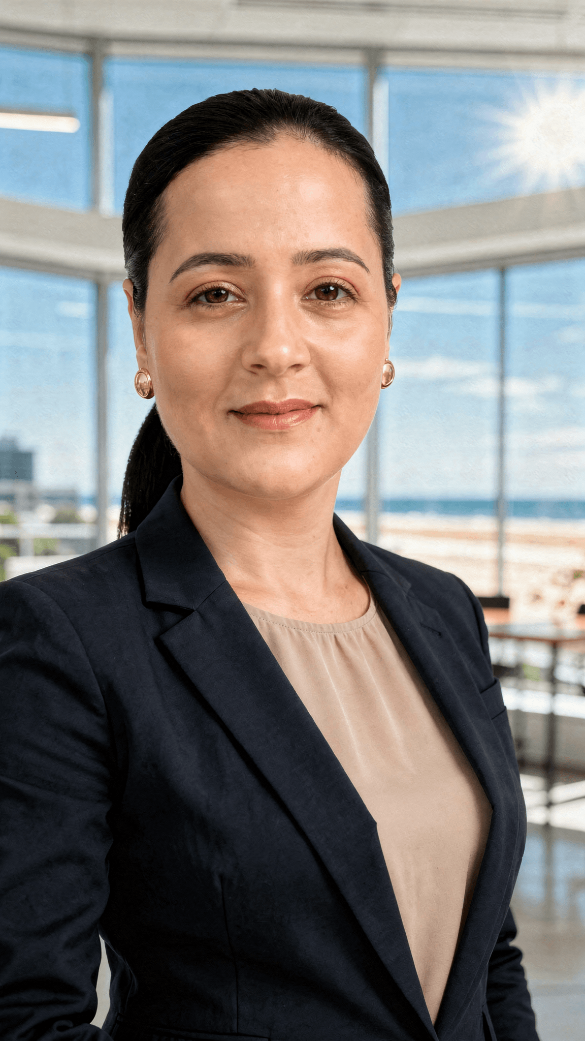 AI generated: generate a LinkedIn professional profile photo, wearing a beautiful navy blue blazer, beautiful offi...