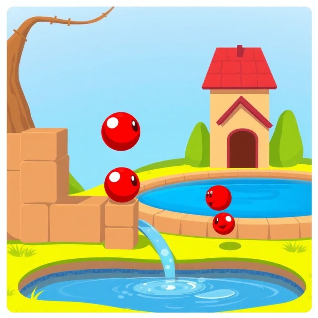 AI generated: A flat illustration of 2 red marbles happily playing aound a house of blocks , one of them sliding d...