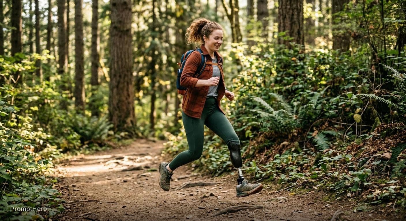 AI generated: a amputee woman is hopping around in the woods