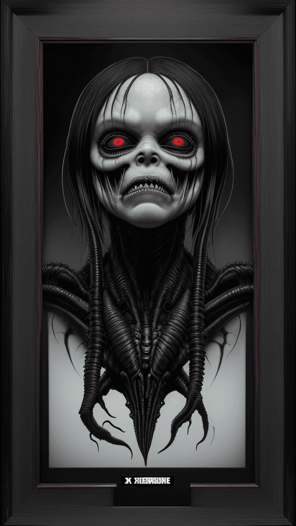 AI generated: "Eerie-inducing Xenomorph RFKTR-style headshot framed((club card)):2.2 featuring H.R. Giger's master...