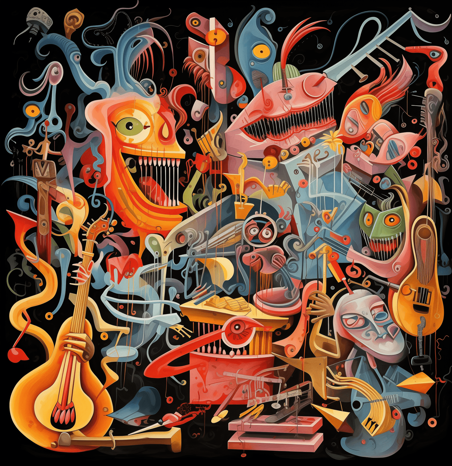 AI generated: A whimsical, surreal illustration of an explosion of musical instruments and characters in the style...