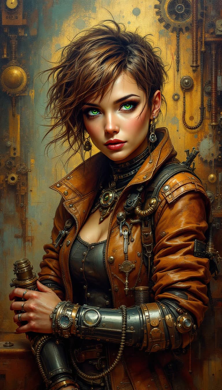 AI generated: "Bronze Inventor in a Steampunk Atelier": A powerful abstract painting portrays an inventor, with a ...
