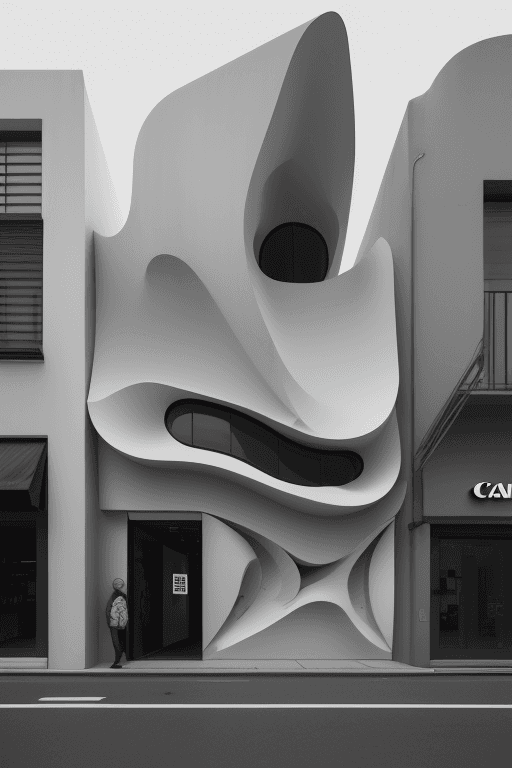 AI generated: cinematic, canon EOS 5d, minimalistic retail shop facede design, monochromatic color on facade walls...