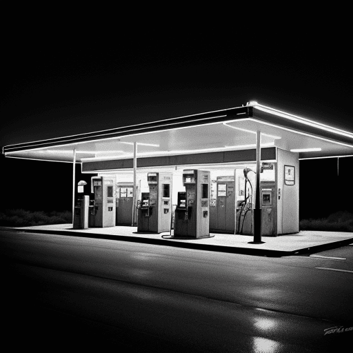 AI generated: a highly detailed photography of a single gas station in Arizona with a light sign in the fog, red t...
